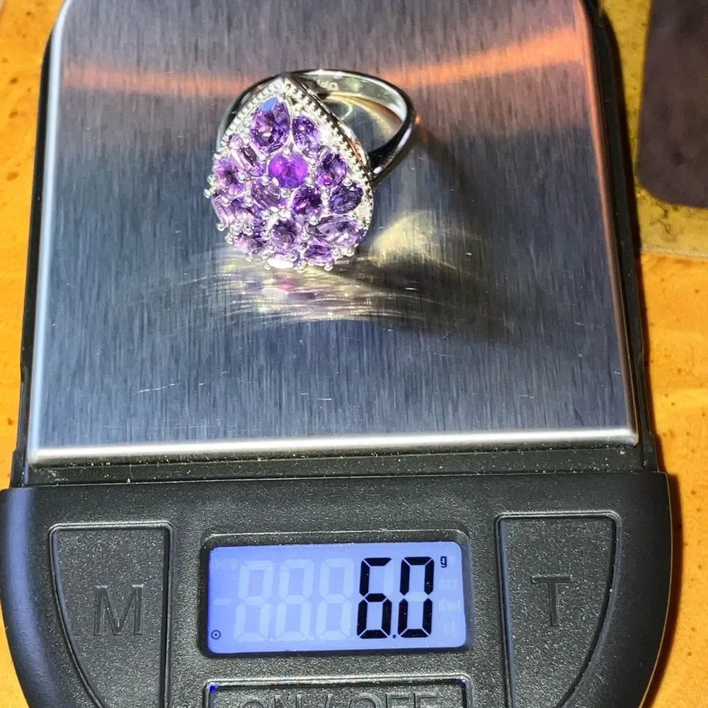 Natural Amethyst White Zircon Sterling Silver Cocktail Ring Size 7